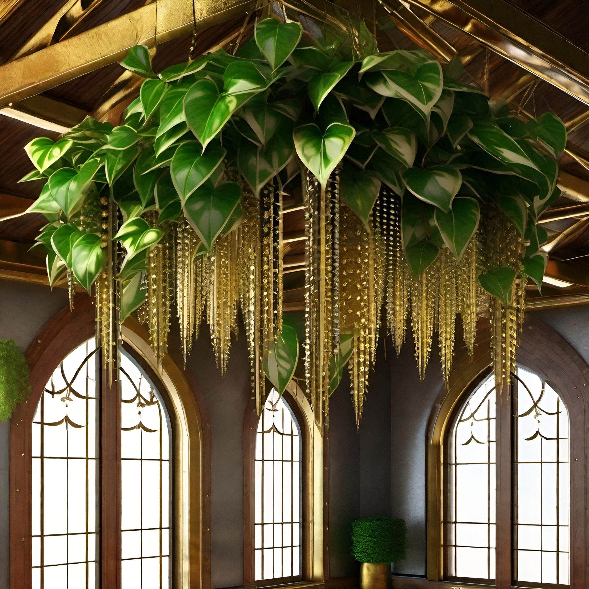 Hanging green plant in cathedral rafters